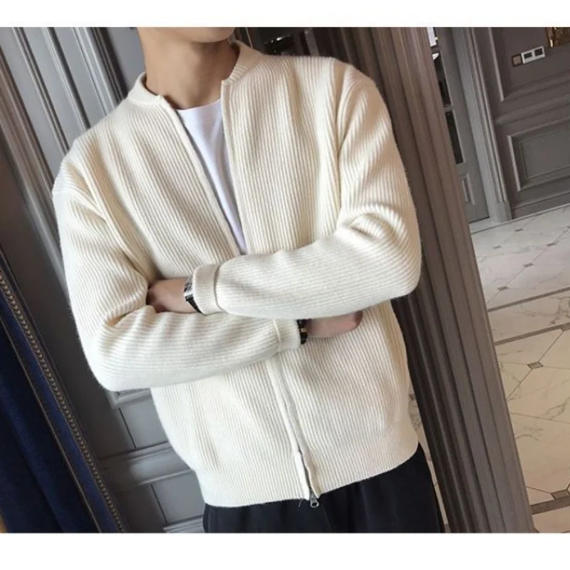 2023 New Spring and Autumn Korean Edition Trend Stand Collar Solid Color Pit Stripe Slim Fitting High-end Men\'s Sweater Cardigan