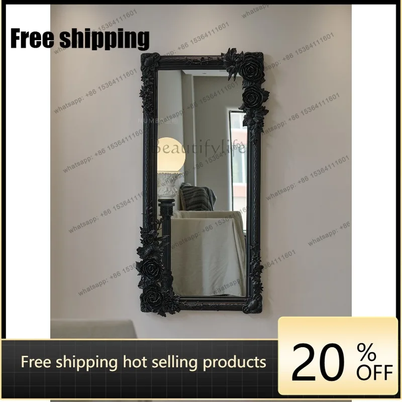 YJ Vintage Elegant Black Carved Wall Hanging Full Length Mirror Decor For Villa Beauty Salon Interior Ornament