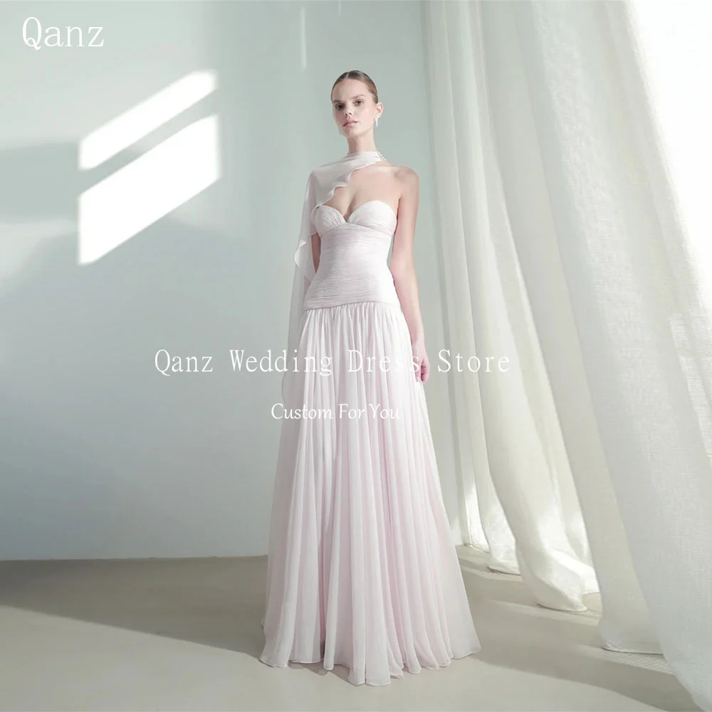 

Qanz Light Pink Chiffon Evening Dresses Long A Line Sweetheart Women's Wedding Party Attire Dubai Robes De Soirée Customized