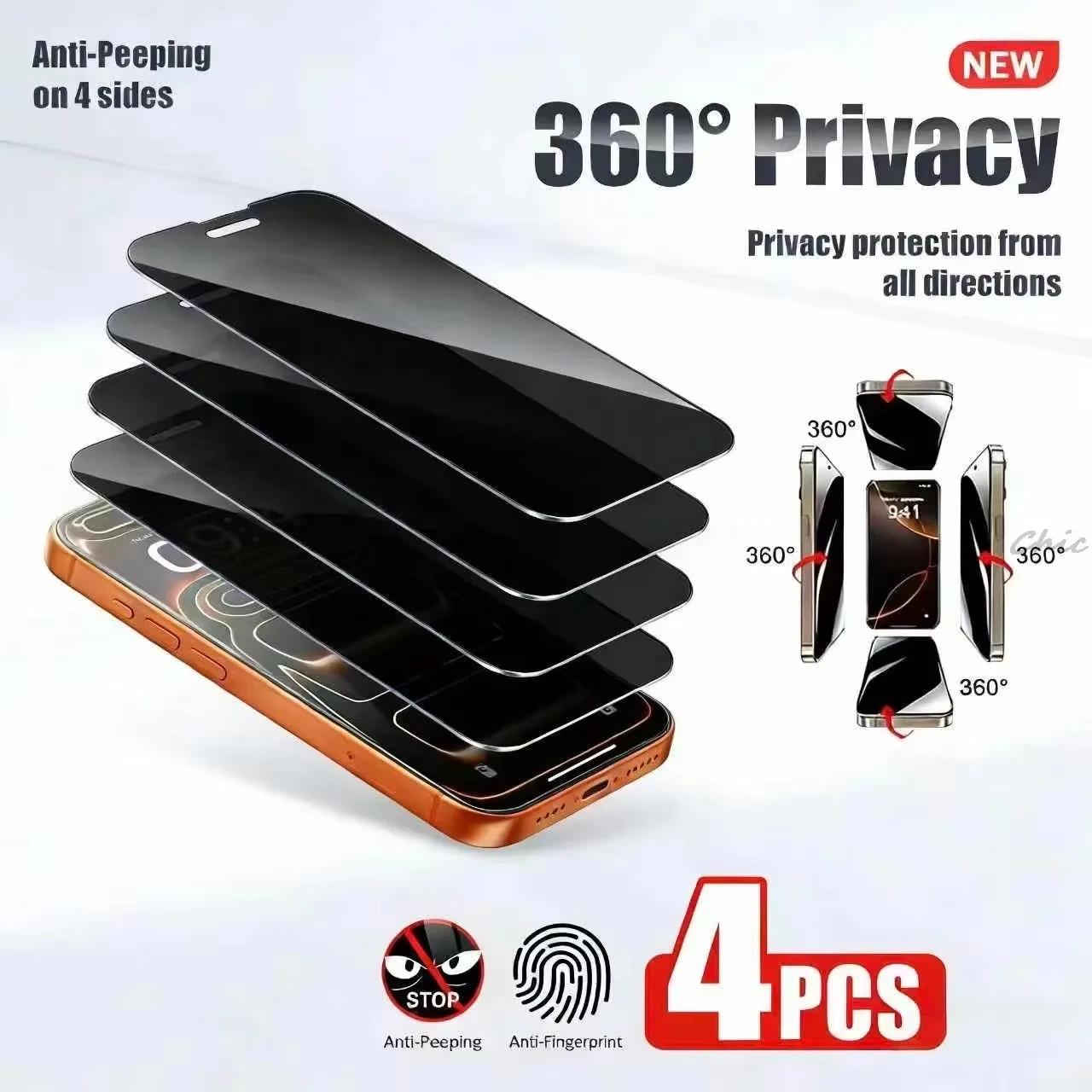 4 Stück 360 °   Sichtschutz-Schutzglas für iPhone 18 Pro Max 17 16 15 Pro Max 14 Plus 13 iPhone Duo Ultra Anti-Spy Displayschutz