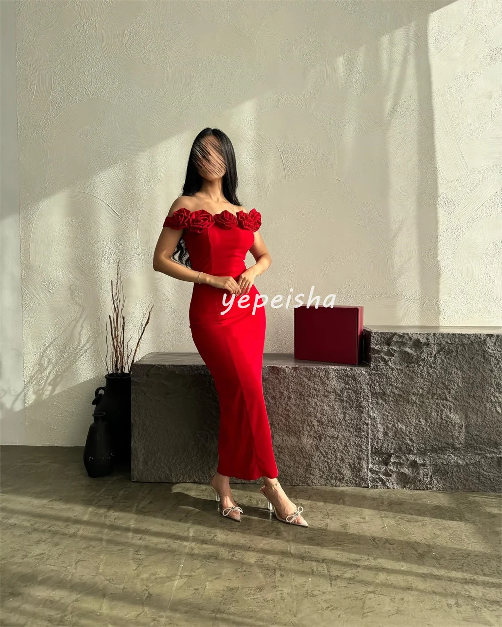 Customized Unisex Pastrol Jersey Handmade Flower Pleat Mermaid Off-the-shoulder Midi Dresses Bespoke Occasion Dresses Fashion