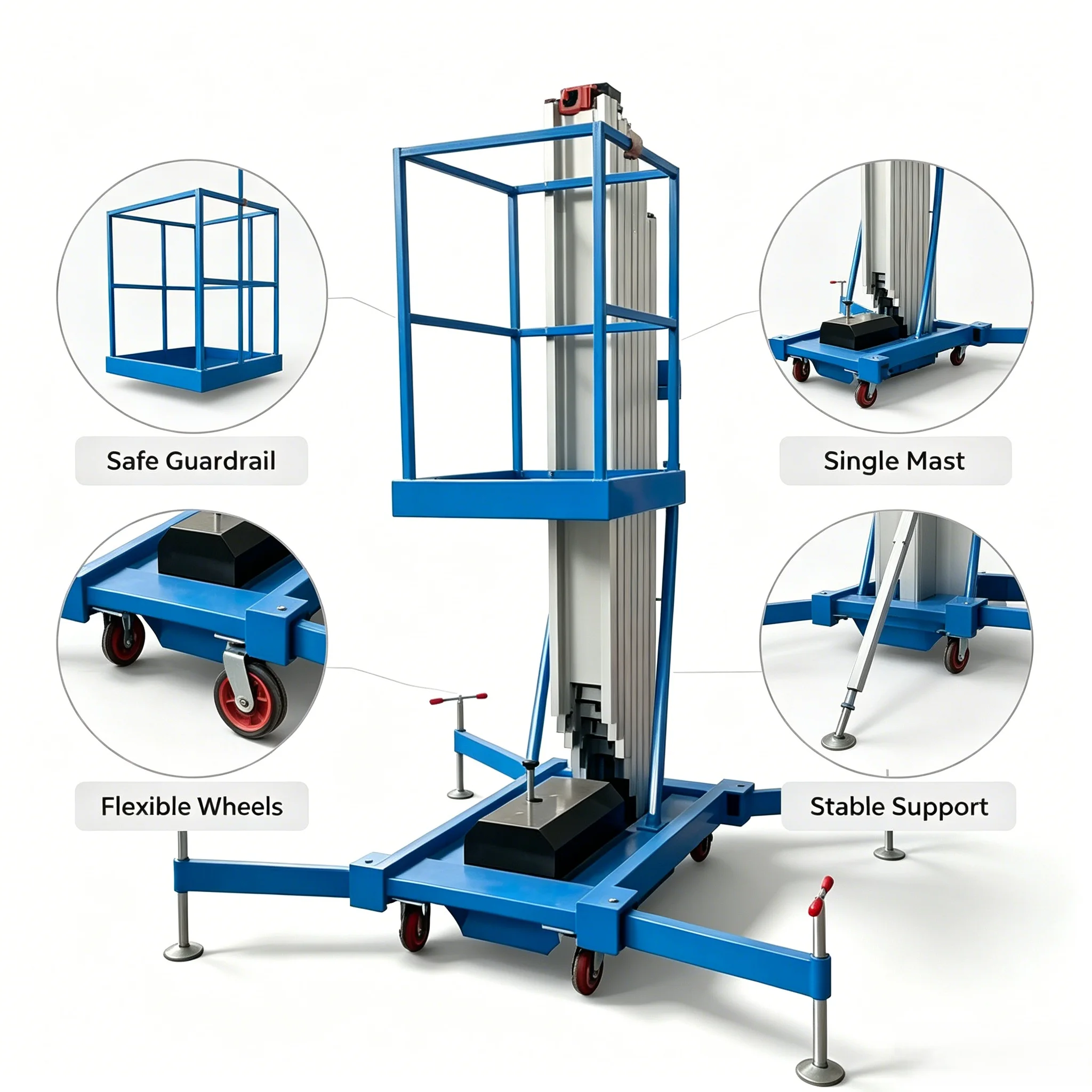 Hand Moved Aluminum Single Mast Vertical Lift Platform 8m Max Elevation 125kg Rated Load Aerial Work Machine for Narrow Space