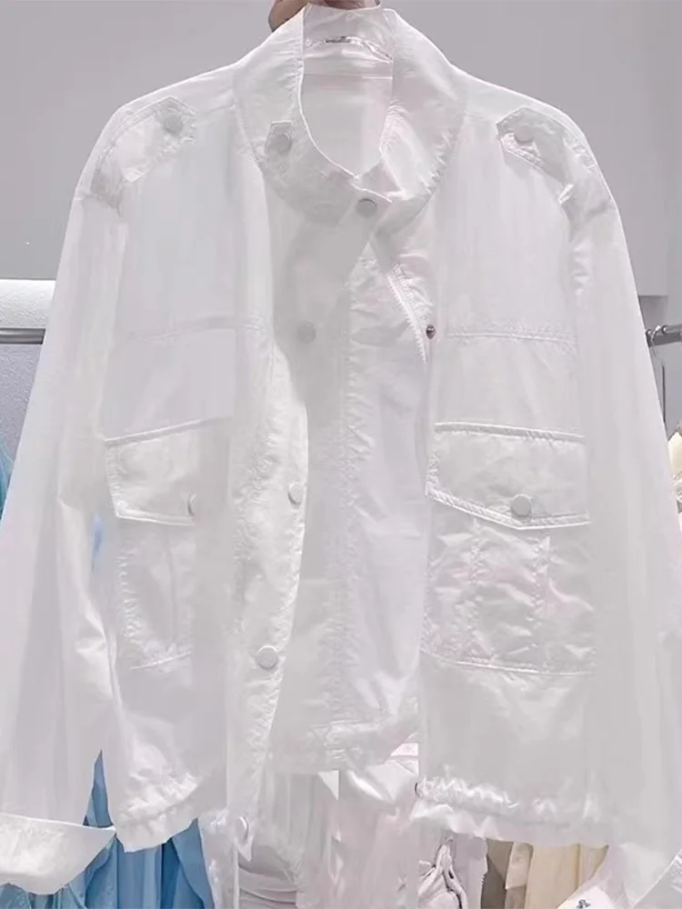 Casaco Casual Leve de Verão para Mulheres em Seda Gelada com Proteção UV, Estilo Novo com Gola  e F de Zíper de Manga...