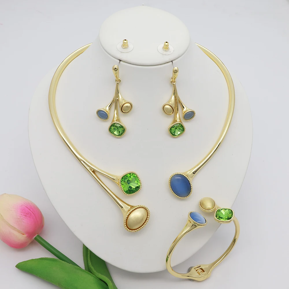 Women's Luxury Jewelry Set Full Copper Material with Brazil Artificial Gemstone Necklace Bracelet Earrings Wedding Bijoux Gifts