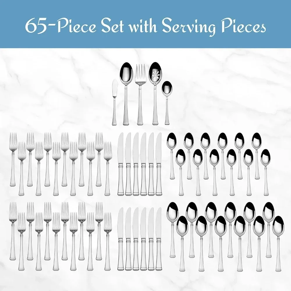 Harmony Flatware Service for 12, 65 Piece Set, 18/10 Stainless Steel, Silverware Set with Serving Utensils