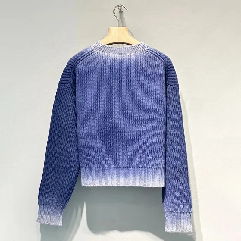 Pull tricoté haut de gamme pour femmes, rond, lettre brodée, couleur adient, haut coréen, coupe ample, Long, Sve