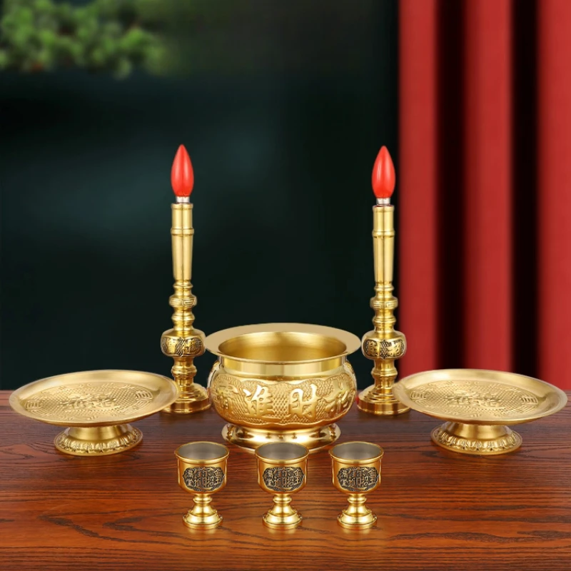 8pcs/set Copper Alloy Buddhist Supplies Set Buddhist Supplies Indoor Fruit Platter for Candlestick Holder Feng Shui Accessories