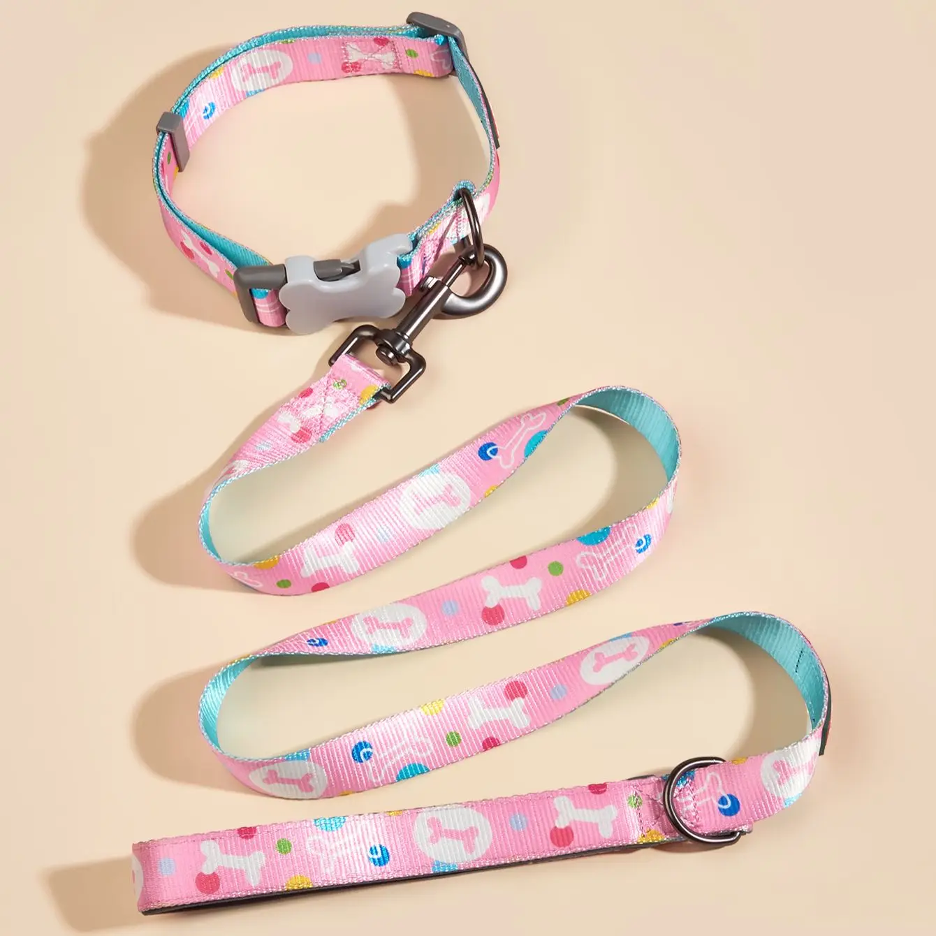 Pink Color Bone Pattern Print Designer High Quality Accessories Pet Collar With Leashes Set