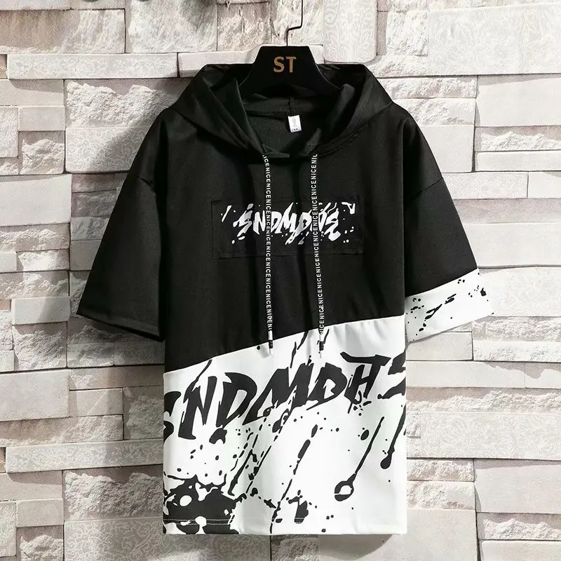 Korean Version Of The Trendy Top T-Shirt Men\'s Hooded Splash Ink Printing T-Shirt Youth Summer Thin Daily Casual Short-Sleeved