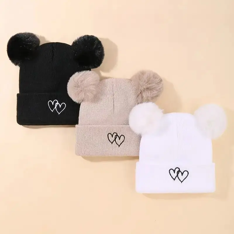 

1pc/3pcs Children's Double Ball Hat, Warm Knit Hat with Embroidered Heart for Autumn and Winter,0-6 Years Old Boys and Girls Hat