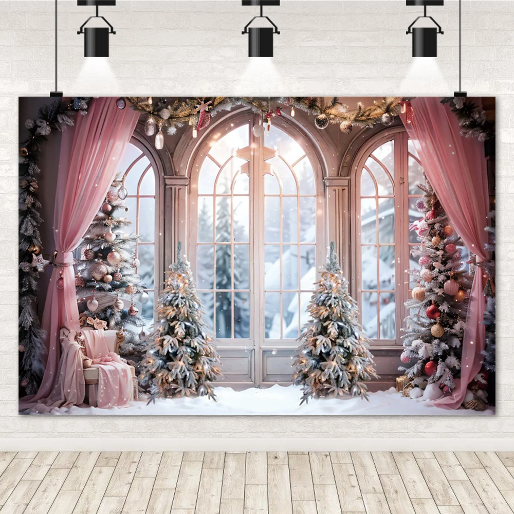 Laeacco Winter Christmas Window Scene Backdrop Snow Forest Pink Curtains Xmas Trees Gift Family Portrait Photography Background