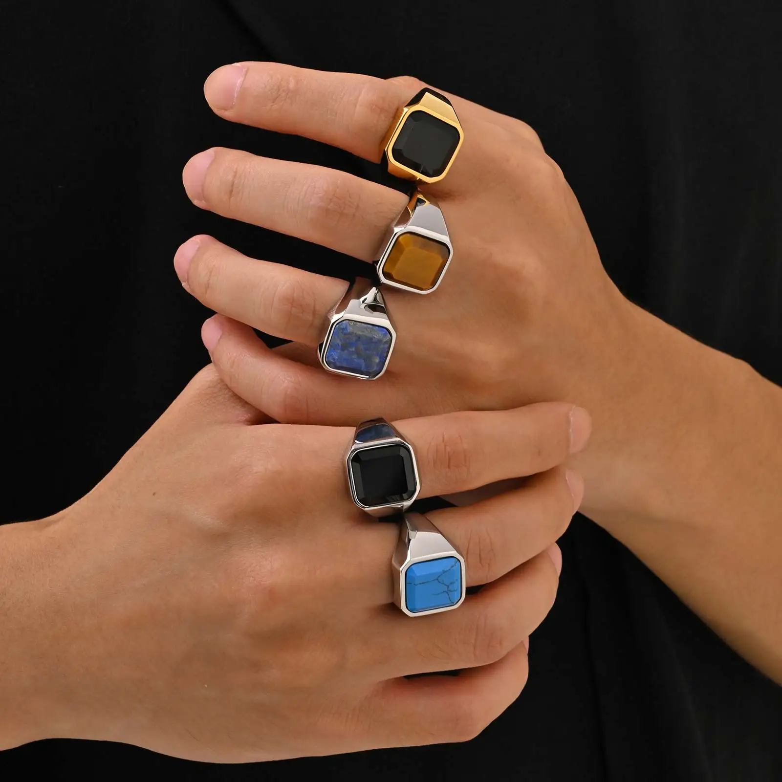 Punk Stainless Steel Square Ring for Men Gold/Silver