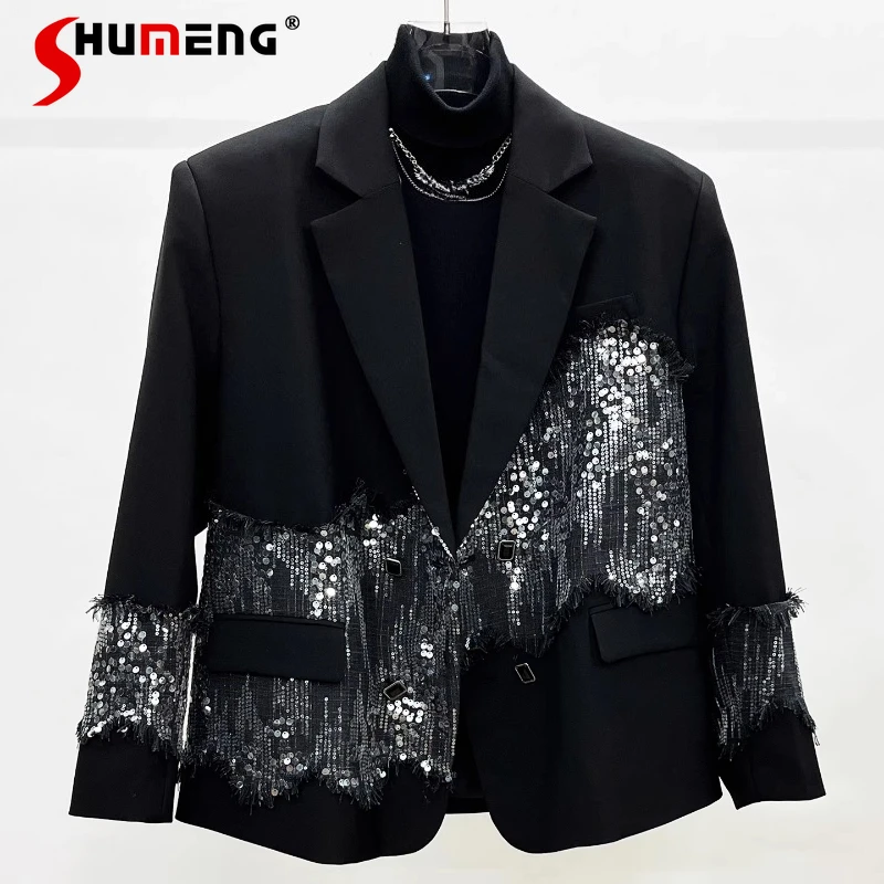 

2025 Men's Autumn Winter New Sequin Splicing Blazers Men's High-end Feather Padded Shoulder Stylish High-end Trendy Suit Jackets
