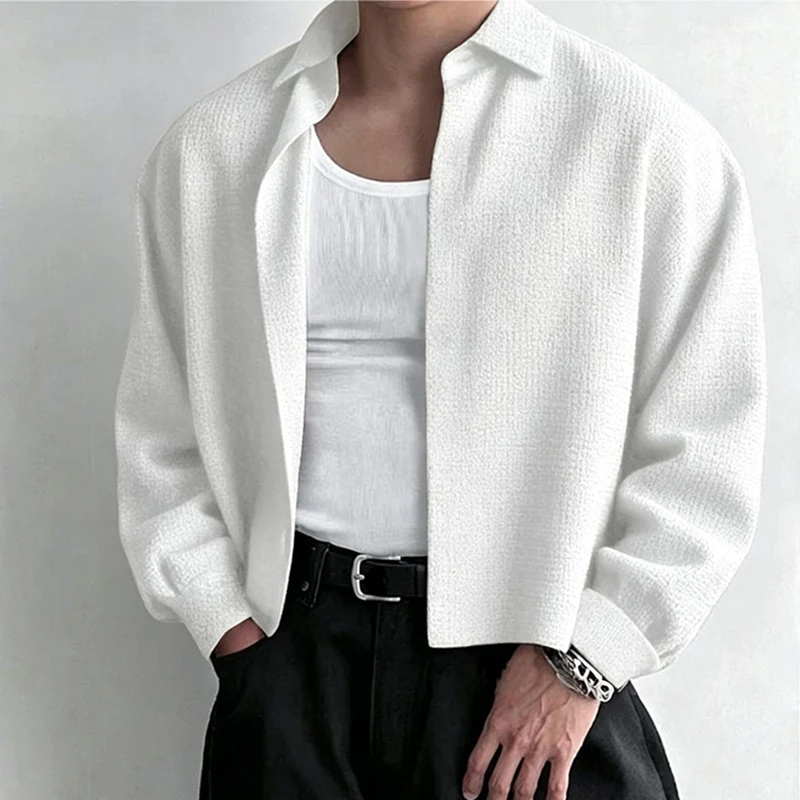 Vintage Mens Cropped Shirt Tops Fall Trendy Solid Drop Shoulder Long Sleeve Loose Casual Shirts For Men Simple Open Stitch Shirt