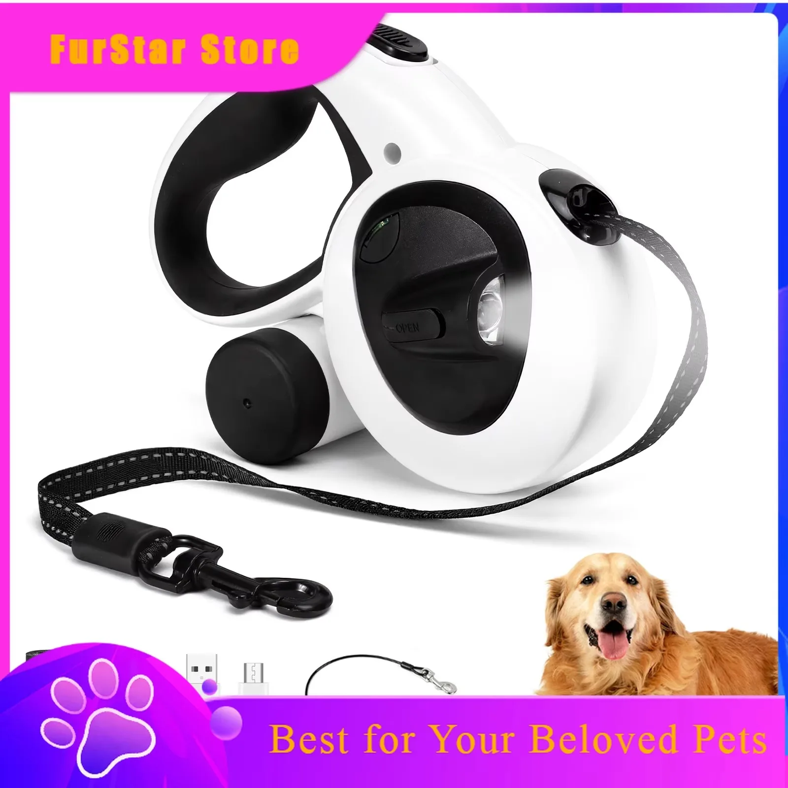 FurStar16ft Retractable Dog Leash With USB Rechargeable LED Light Heavy Duty Lead Poop Bag Holder Steel Cable Pulling Prevention
