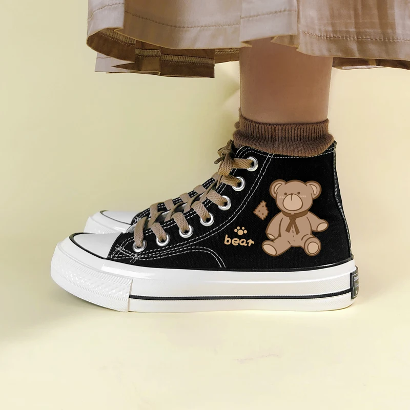 Amy and Michael Cute Anime Cartoon Bear Canvas Sneakers Lovely Girls Students Black High Top Woman Vulcanize Shoes Retro Flats