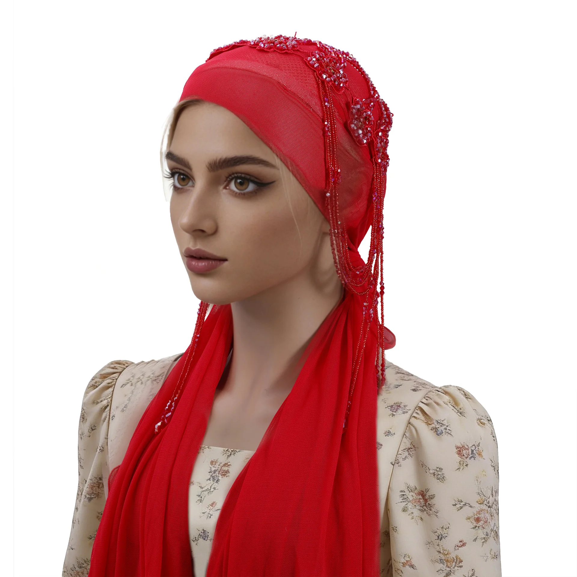 Elegant Women Beading Tassel Flower Turban Amira Shawls Wrap Fashion Headscarf Arabic Scarves Soft Comfortable for Wedding Party
