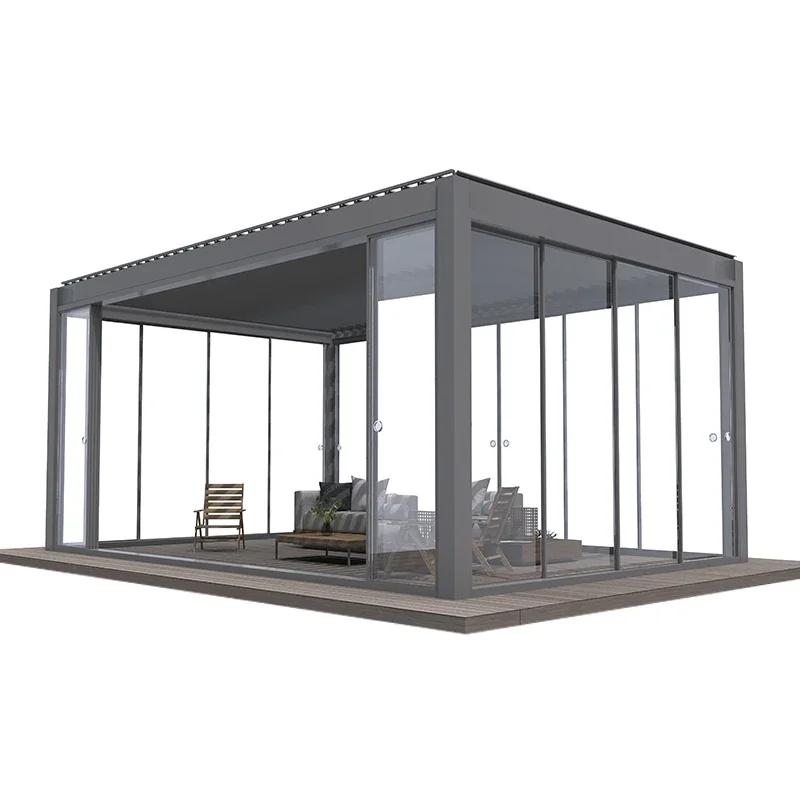 Motorized Pergola En Aluminum Bioclimatic Gazebo with LED Lights Louvered Roof Glass Sliding Doors Patio Gazebo Pergola
