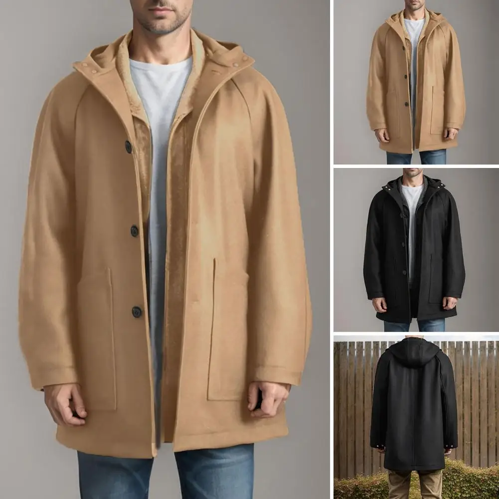 

Versatile Men Coat Men Hooded Coat Stylish Men's Hooded Woolen Coat with Pockets Raglan Sleeve Outwear for Winter Single