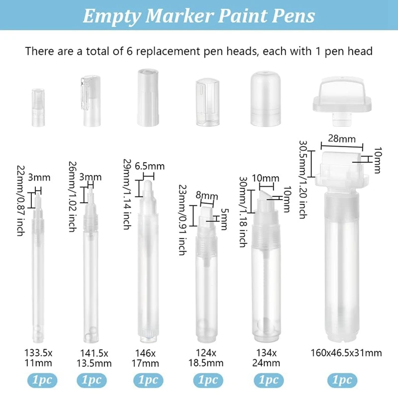 그래피티 마커 세트, 클리어 리필 가능 페인트 마커, 빈 마커 세트, 11/13.5mm, 17/18mm, 24/46mm, 6 개