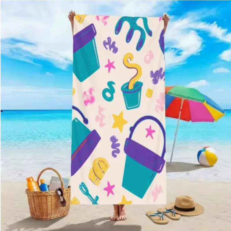Retro Summer Beach Towel, Microfiber Sand Free Quick Dry, Colorful Bucket & Spade Print, Soft Absorbent for Kids & Pool