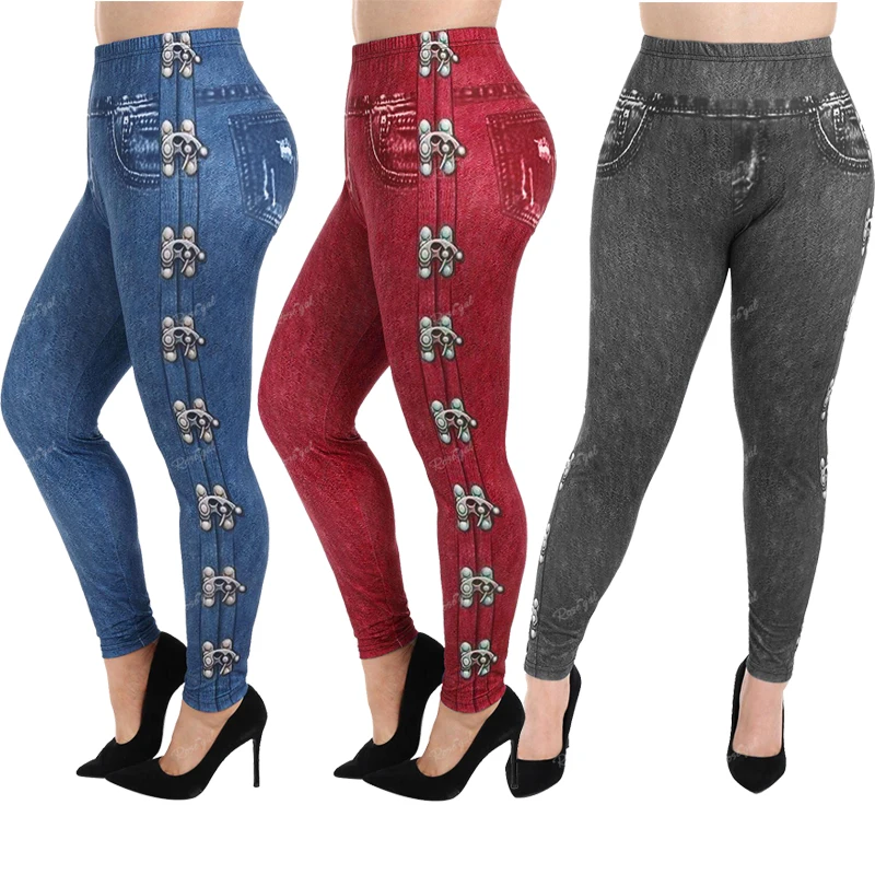 ROSEGAL 5XL Women's Plus Size Leggings Gothic 3D Zipper Buckles Printed Pencil Pants Oversized High Waist Skinny Trousers Mujer