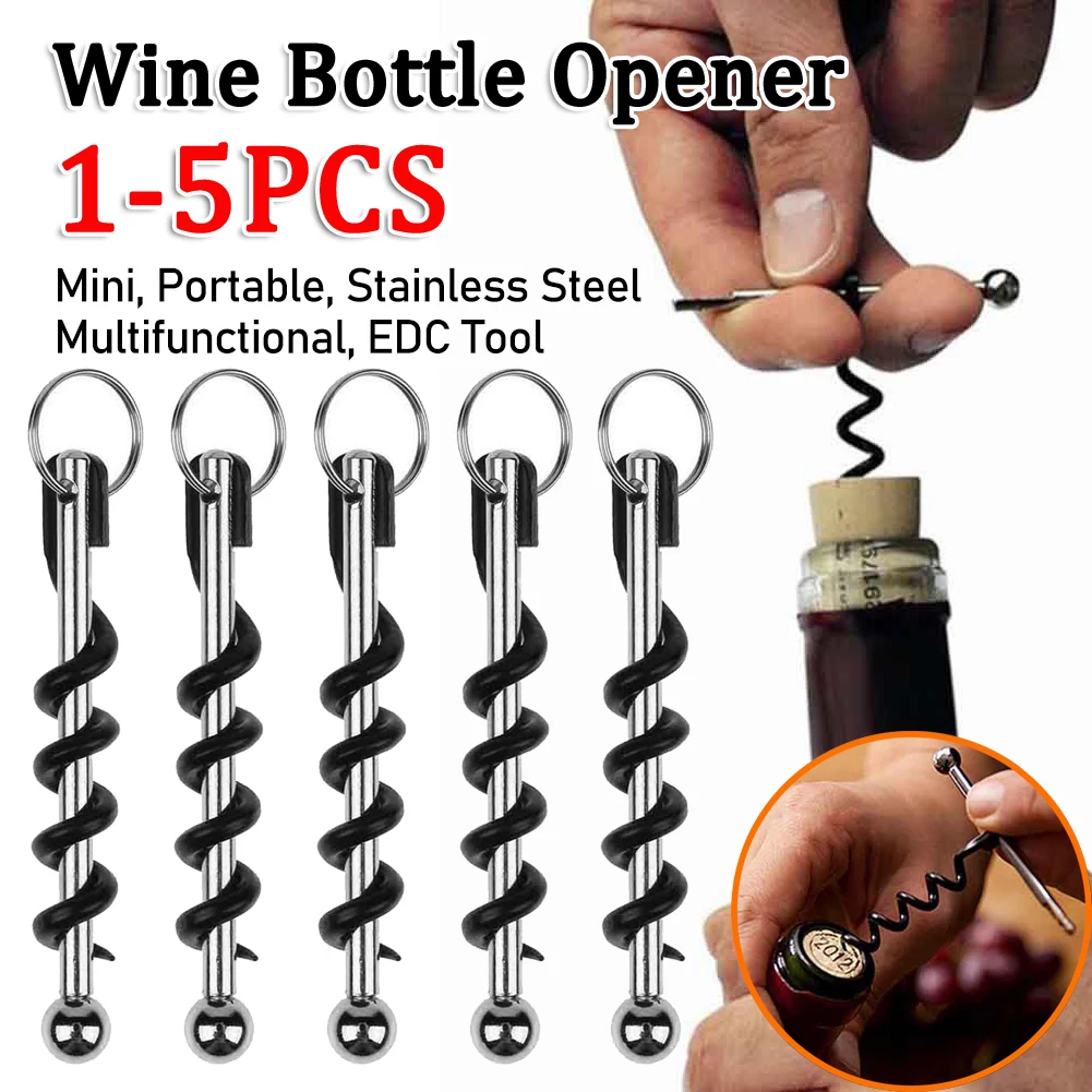 1-5pc Mini Pocket Red Wine Bottle Opener Stainless Steel Corkscrew Bottle Opener with Ring Keychain Outdoor EDC Camping Tools