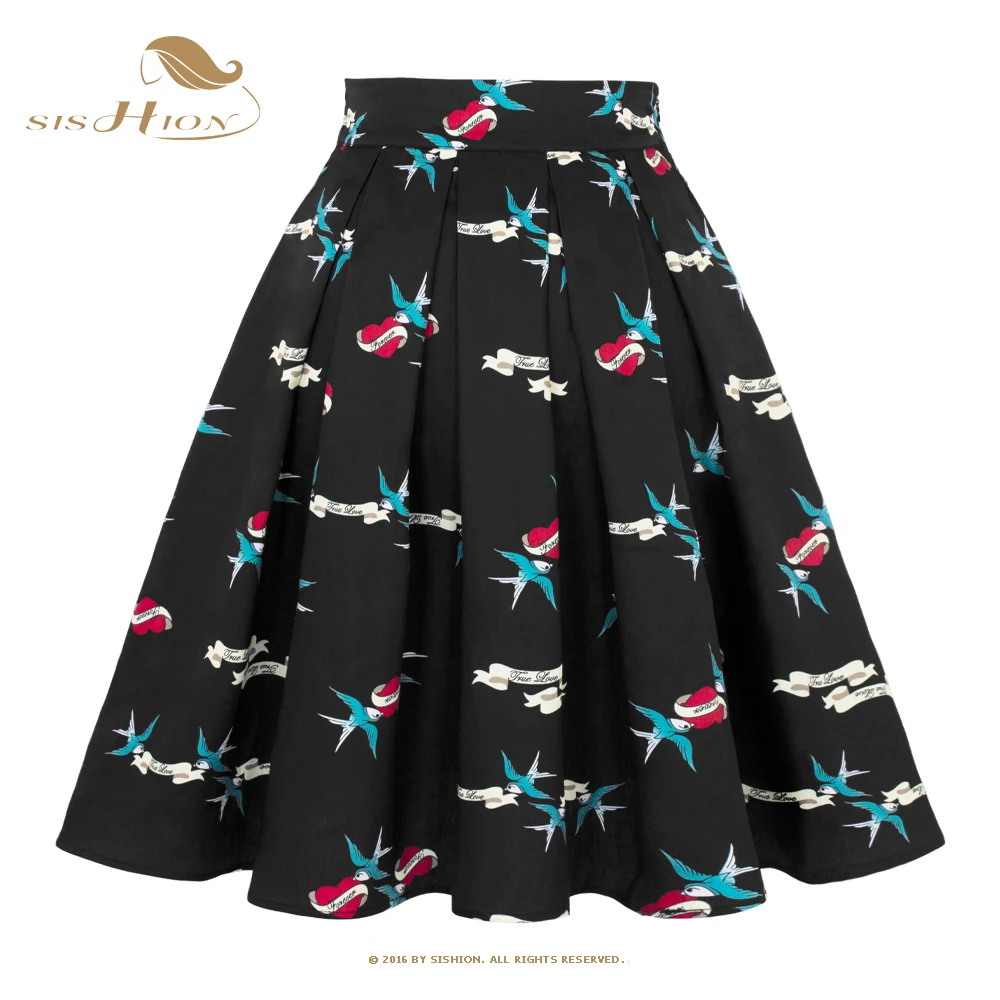 SISHION Birds and Love Printed Women Cotton Black Skirt With Bow SS0012 Summer Y2k High Waist 50s Vintage Pleated Skirt Jupe