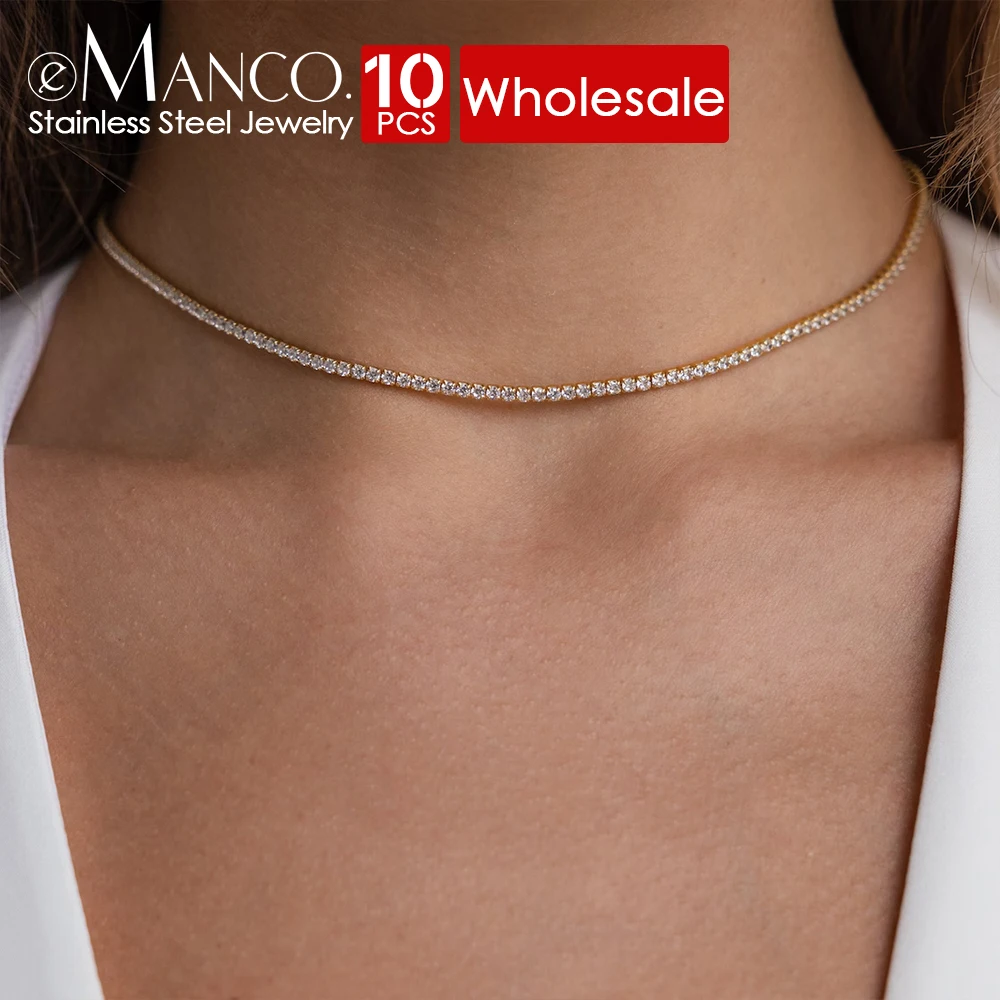 

eManco 10PCS Gold Plated Sparkling Rhinestone Necklace Classic Zirconia Tennis Bone Chain Bridal Wedding Jewelry
