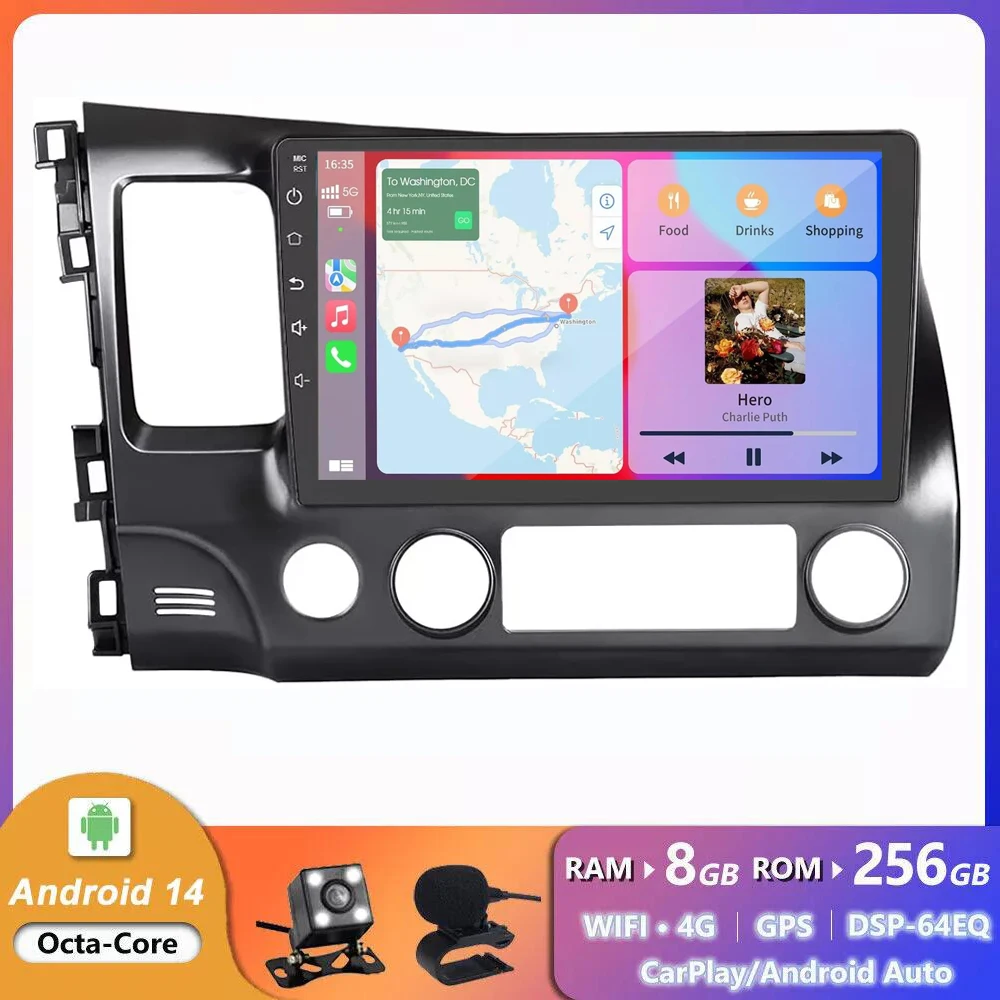 

10 "Android 14 Carplay Автомобильное стерео радио для Honda Civic 8 2005 2006-2012 Мультимедийный плеер Навигация GPS 2 Din 4G Audio