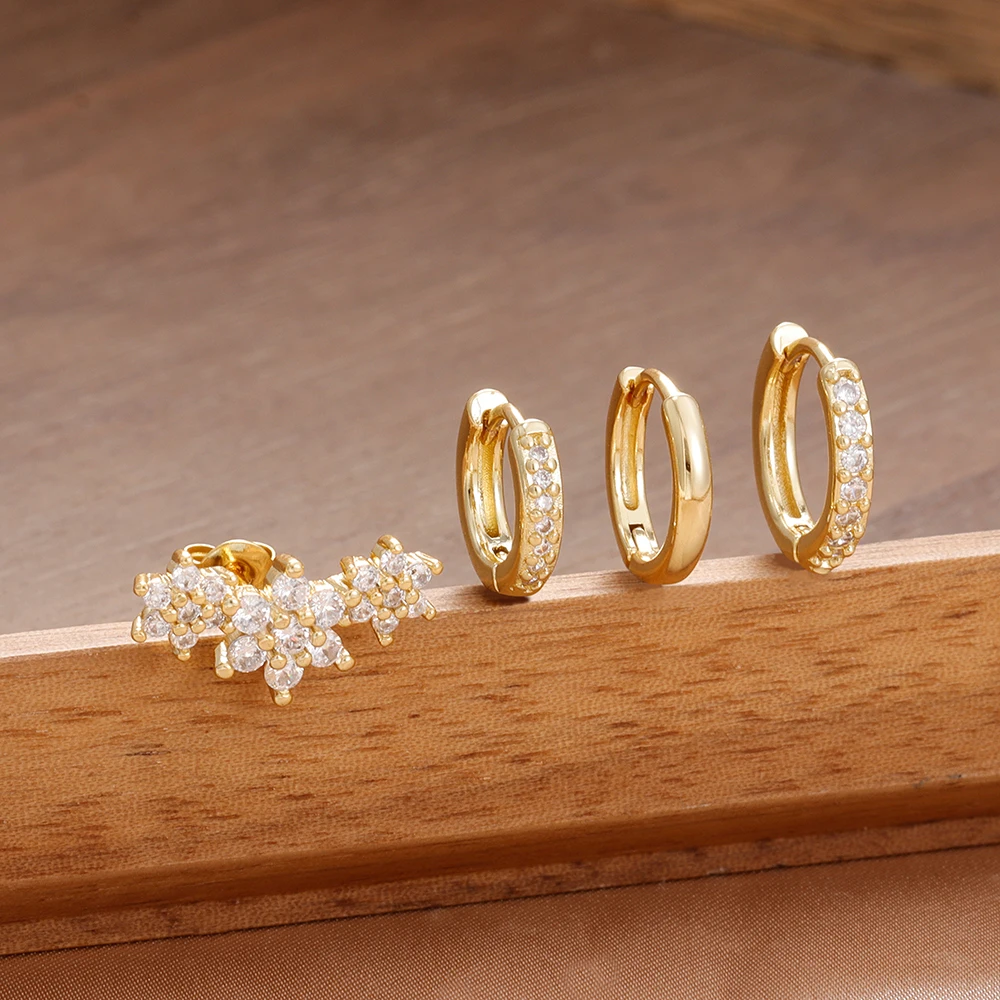 4PCS Fashion Stainless Steel Zircon Round Hoop Earrings Set For Women European Simple Hoops Flower Ear Stud Wedding Jewelry
