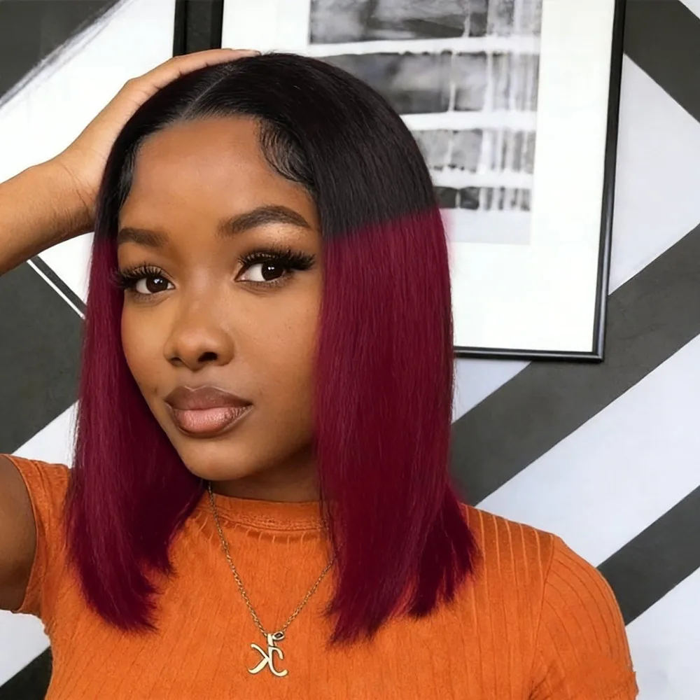 

Прямой парик 1B/99J с коротким бобом, бордовые цветные парики для женщин, фронтальный парик, человеческие волосы 13x4, прямые, плотность 150