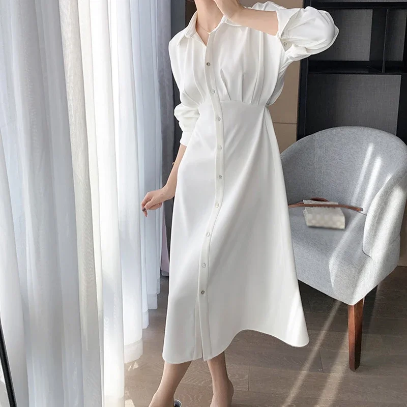 

Office Lady Shirt Dress Women Casual Solid Chiffon Midi White Dress Female Design Elegant One Piece Dress Korean 2021 Summer