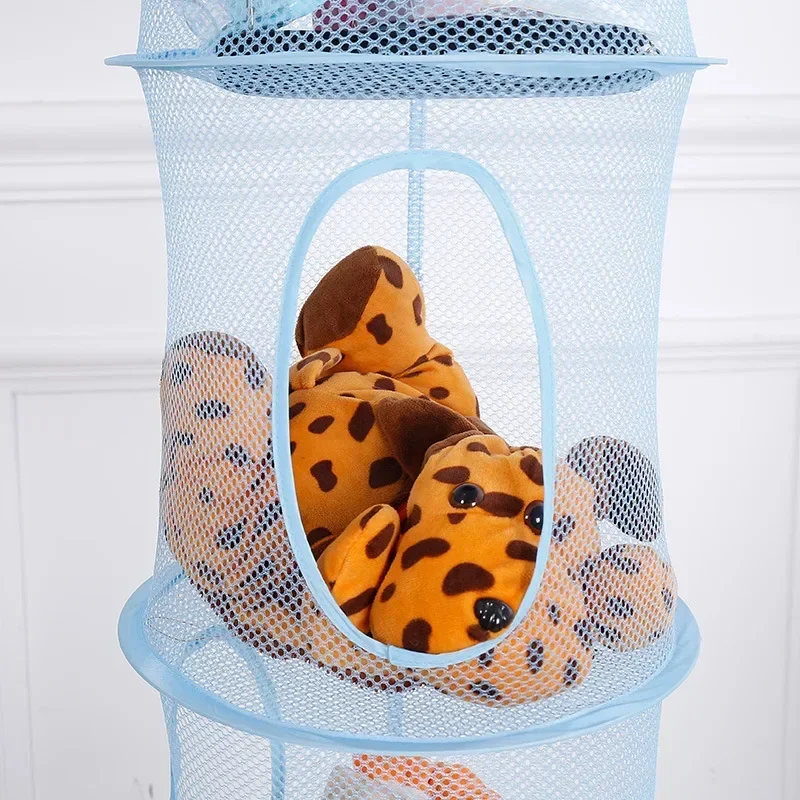 Foldable Plush Toy Storage Basket Cylindrical Breathable Mesh Hanging Bag Four Layer Plush Toy Drying Basket 110X30CM