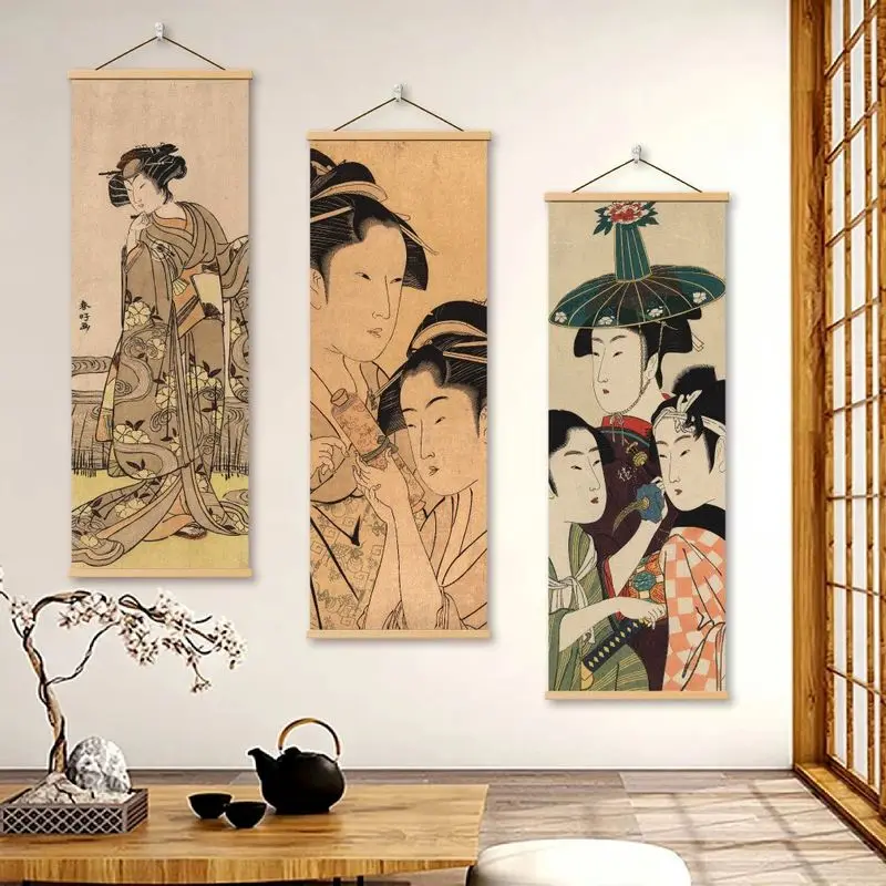 VIKAMA Wooden Hanger Ukiyo e Geisha Beauty Tapestry Vintage Woodblock Print Fade Proof For Tea House Restaurant Wall Decor Home
