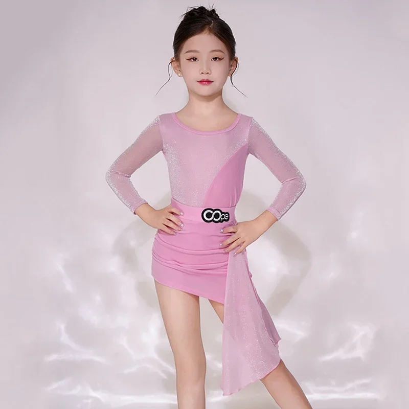 

Pink Latin Dance Dress Girls Performance Costume Kids Rumba Cha Cha Dance Clothes Long Sleeves Dress Suit Practice Wear