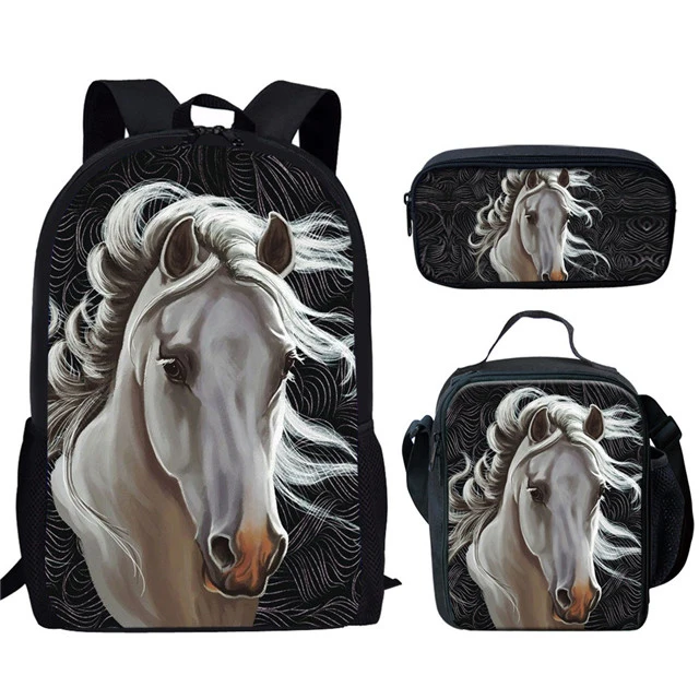 3 Stuks Schooltas Set Dier Paard Patroon Print Rugzak Tiener Meisjes Student Campus Boekentas Met Lunch Tas Potlood Tas