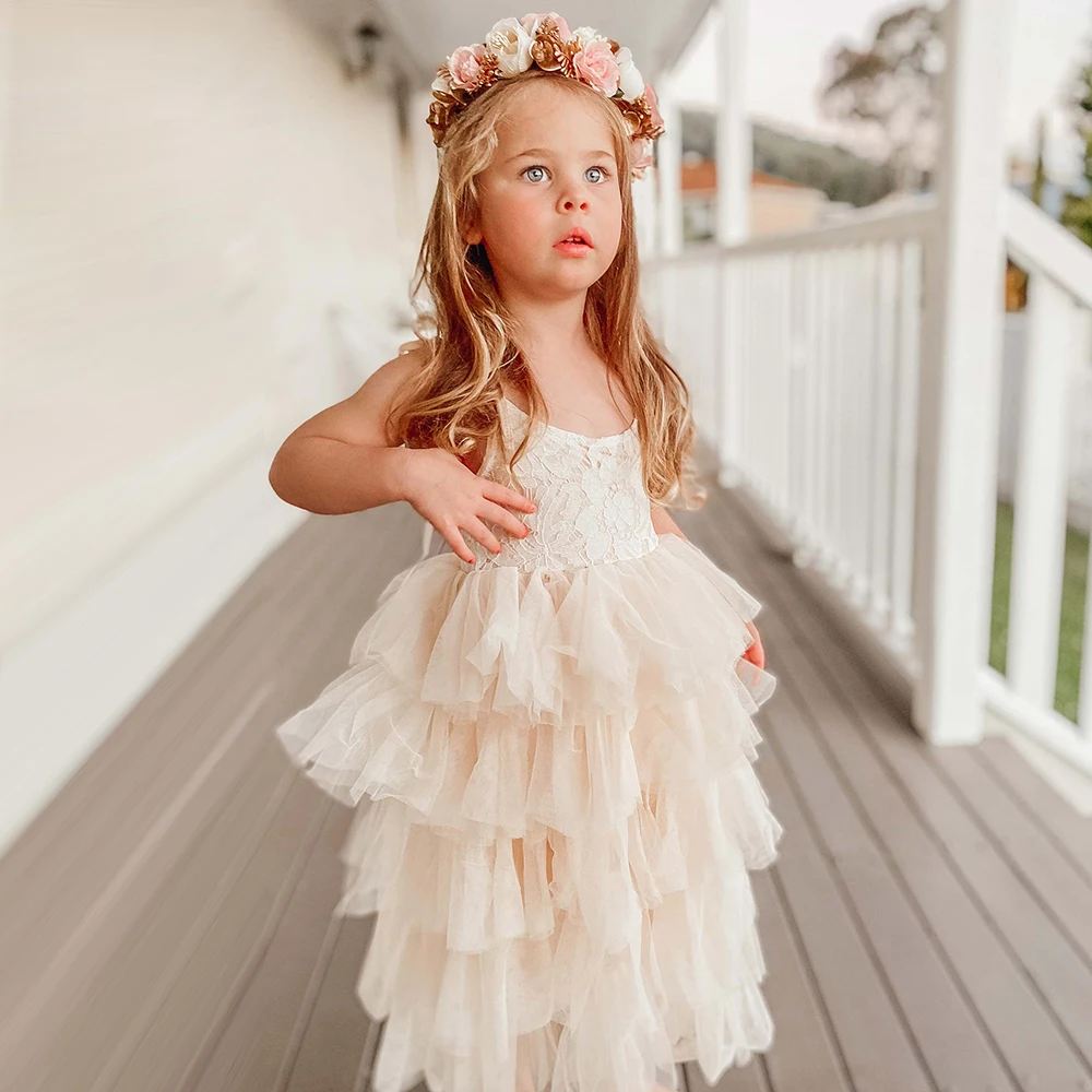 New Summer Dress for Girls Kid Sling Beach Layer Tulle Dress Princess Birthday Party Gown 3-10Y Children Clothes Elegant Dresses