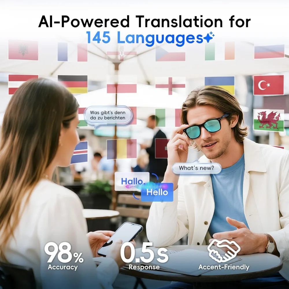 

AI Glasses for Men & Women, Smart Glasses Powered by ChatGPT, AI Real-time Translation with 145 languages, 11H Music Play