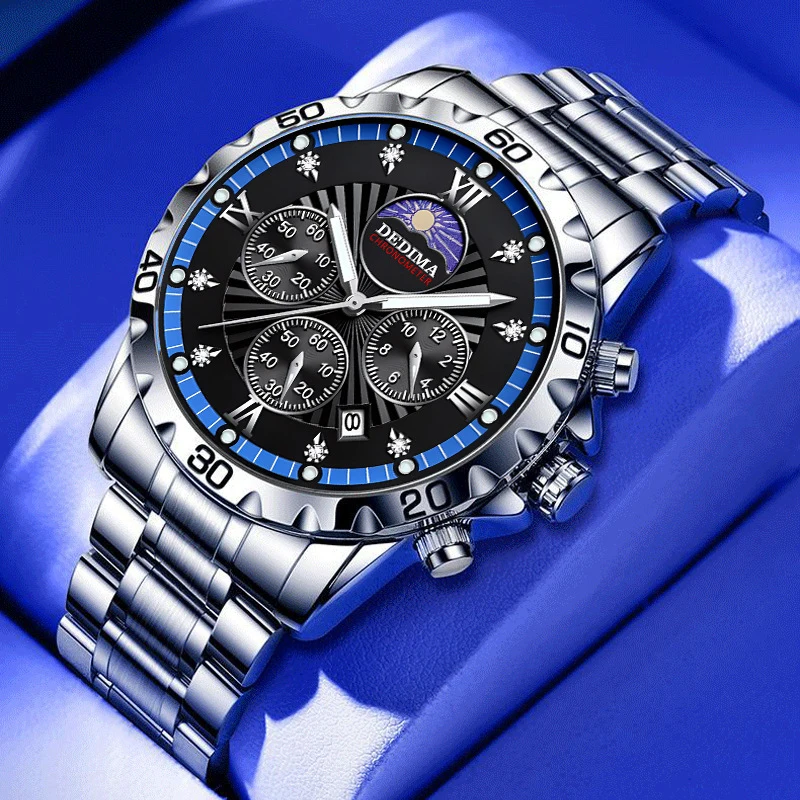 Four-eye six-hand multifunctional waterproof luminous fashion men's watch with solid steel band and clasp