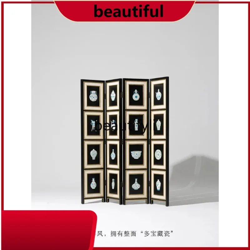 Double-sided treasure 16-grid safety porcelain hand-painted golden bamboo four-fold lacquered wood screen partition