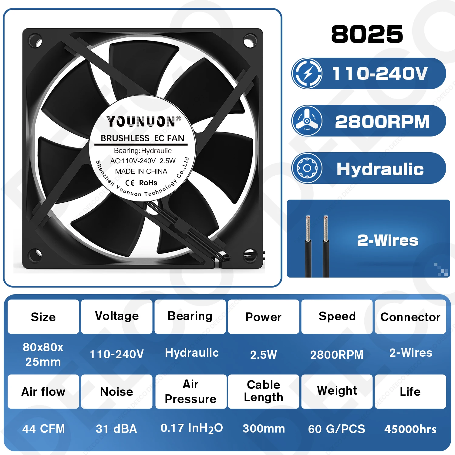 YOUNUON-ventilador de escritorio de piezas, 1 AC110V-240V, 80x80x25mm, 2 cables, Hydraul, doble bola, Axial, para estante de servidor, refrigeración de cajas industriales