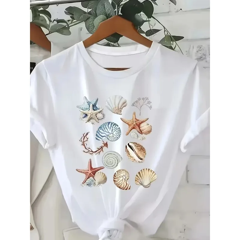 Watercolor Coral Reef Fish T-Shirt Underwater Ocean Graphic Tee Women’s Casual Crew Neck Short Sleeve Top for Daily Wear