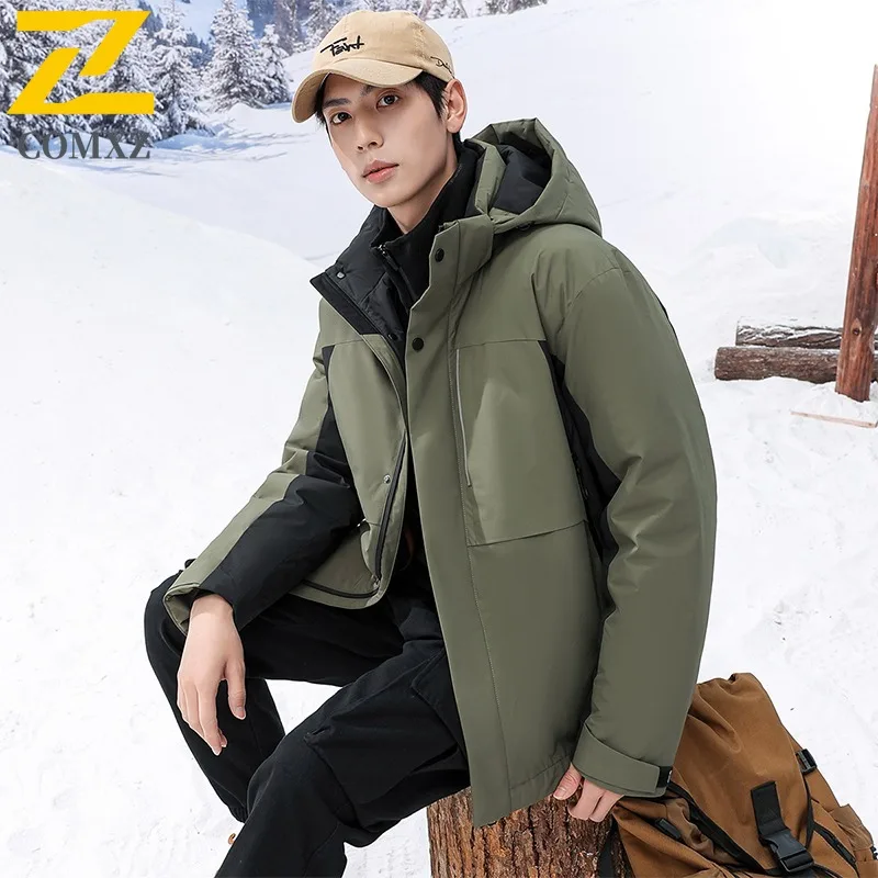 

COMXZ Men Cotton Padded Jacket Solid Color Hooded Tool Waterproof Thick Warm Travel Padding Coat Snowy Windproof Puffer Jackets
