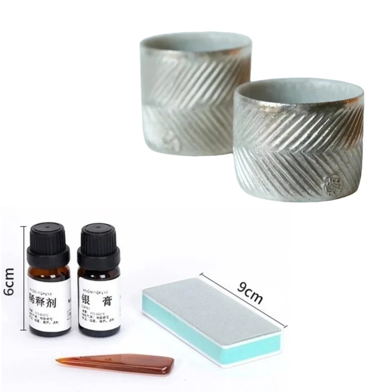 

Pottery Overglaze 35% Silver Paste Set Diluent/Polished Stone DIY Ceramic Stroke Silver Paint Painting Pigment Coloring Tool