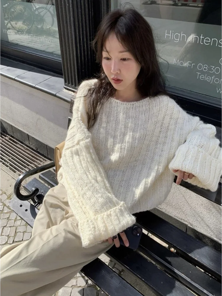 

Sweet Loose Knit Sweater Women's Wide Leg Sve Top Sle Thi Yarn Lazy Faion Slimming Bell Bot