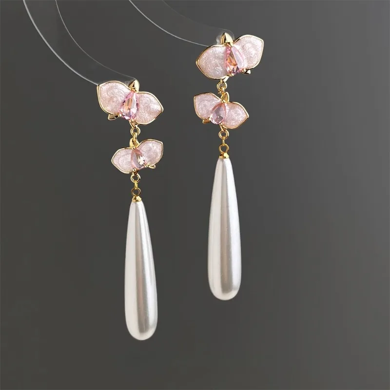 Fashion Romantic Pink Moth Orchids Flower Shaped Long Style Earrings for Women Teardrop-shaped Pearl Pendant Luxury Jewelry Gift