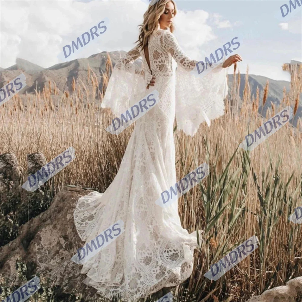 Classic Flare Sleeve Long Sleeve Bride Robe Sexy Deep V-neck Bridal Gown Elegant Lace Long Wedding Dress Robe De Mariée