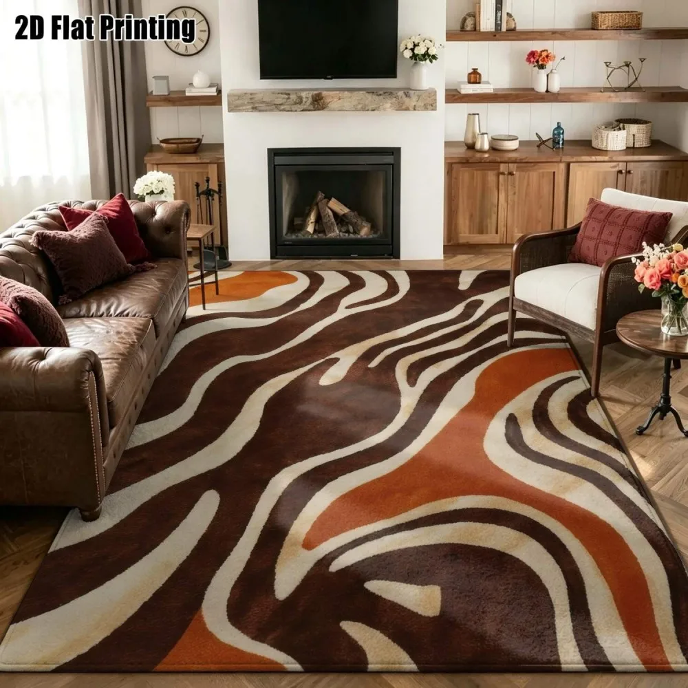 Living Room Rug Abstract Zebra Stripe Blocks Printed Large Rectangular Carpet Earthtone Caramel For Fireplace Sofa Floor