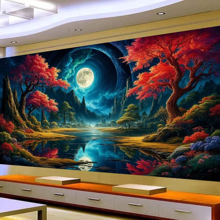 

Moon Mountain River Scenery Large Size Diy Diamond Painting Landscape Full Square Round Mosaic Embroidery Pictures 200x100cm